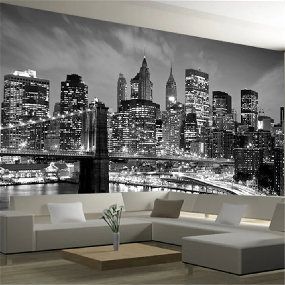 European Black White Urban Architecture Nighscape Mural Wallpaper Individualized Background Simple Living Room Decor