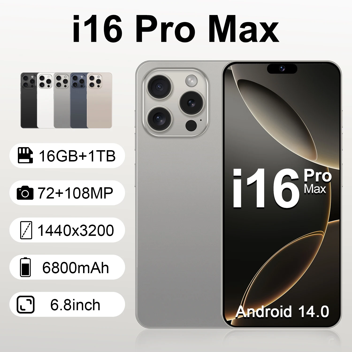 I16 Pro Max 2026 جديد حار 6.8 بوصة HD الإصدار العالمي الأصلي الذكية المزدوجة بطاقة 6800 مللي أمبير بطارية وظيفة التعرف على الوجه