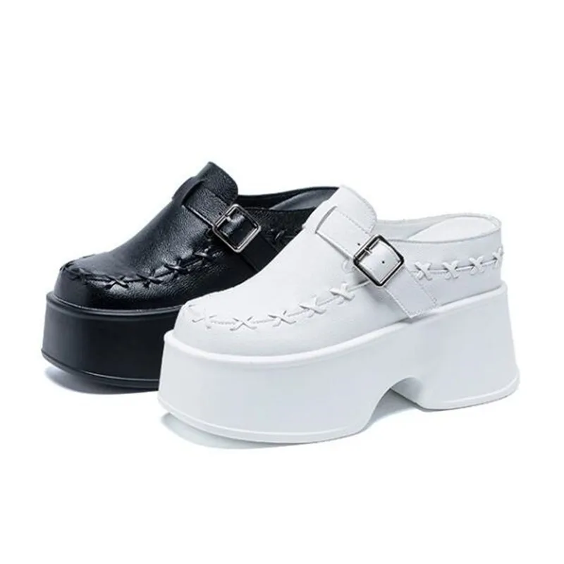 New 11CM Women Genuine Leather High Brand Platform Wedge Flats 2026 Summer Chunky Sneakers Slippers Comfy Peep Toe Fashion Shoes