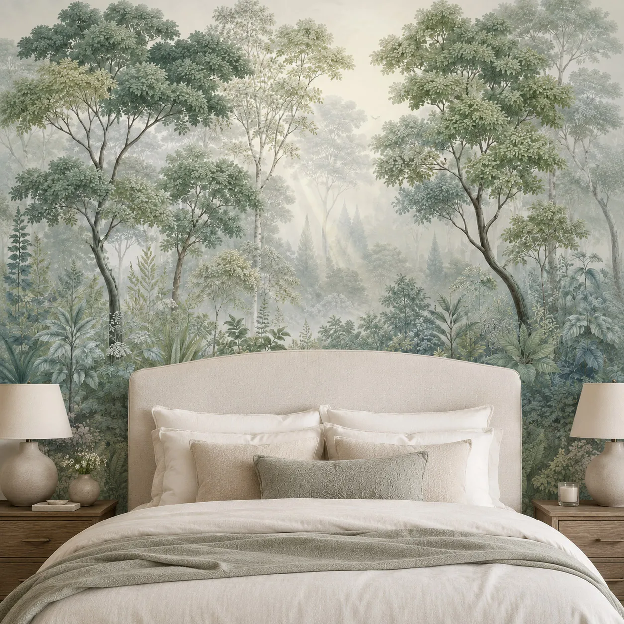 Large Misty Forest Wall Mural Wallpaper Sage Green Botanical Woodland Landscape Living Room Bedroom Non Self Adhesive Home Decor