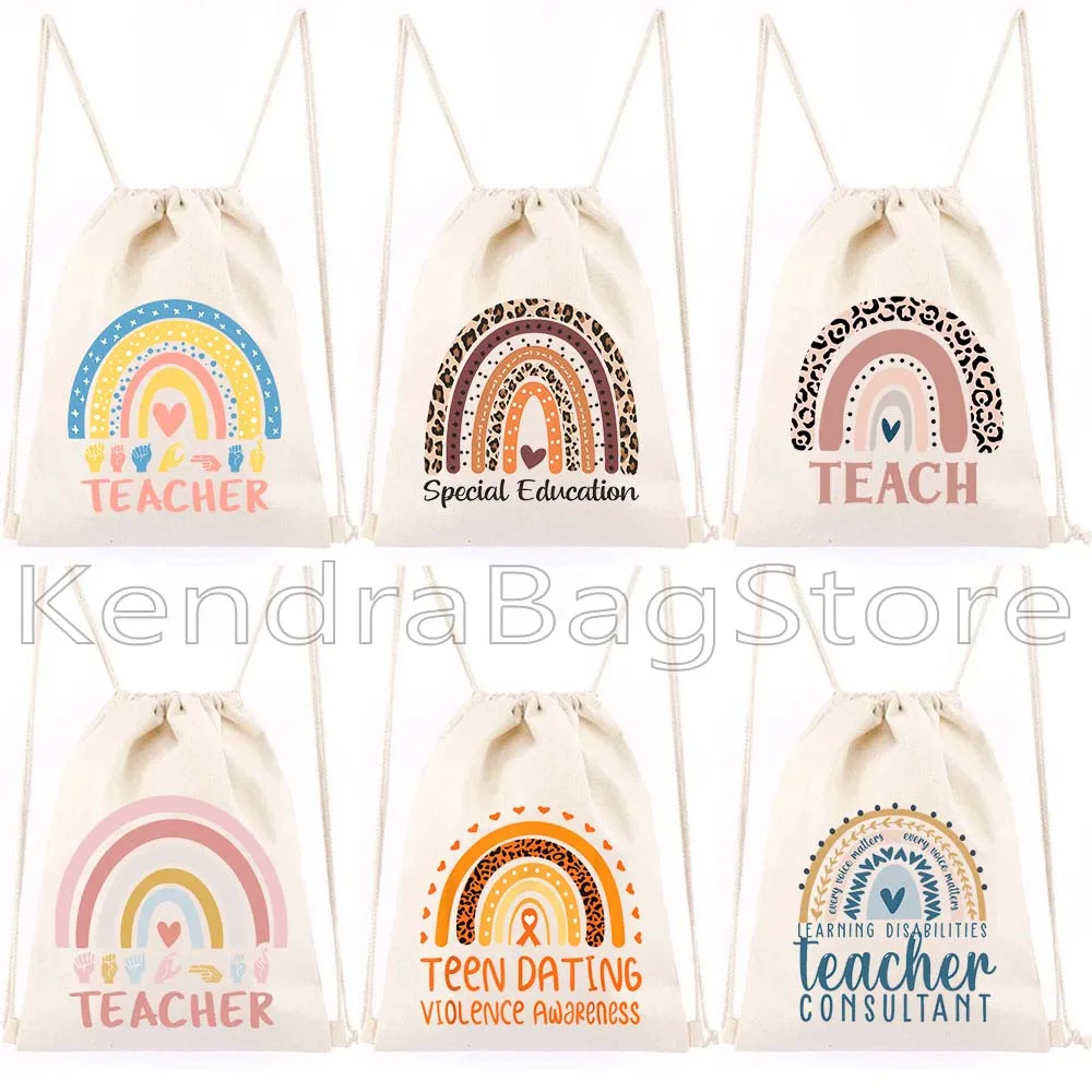 

Cute Rainbow Education Back To School Teacher Gift Cotton Drawstring Backpack Bag Sports Gym Sackpack String Bag for Yoga Hiking