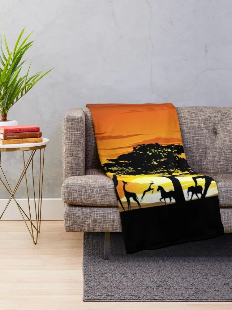 Wild Animals on African Savanna SunsetThrow Blanket decorative blankets