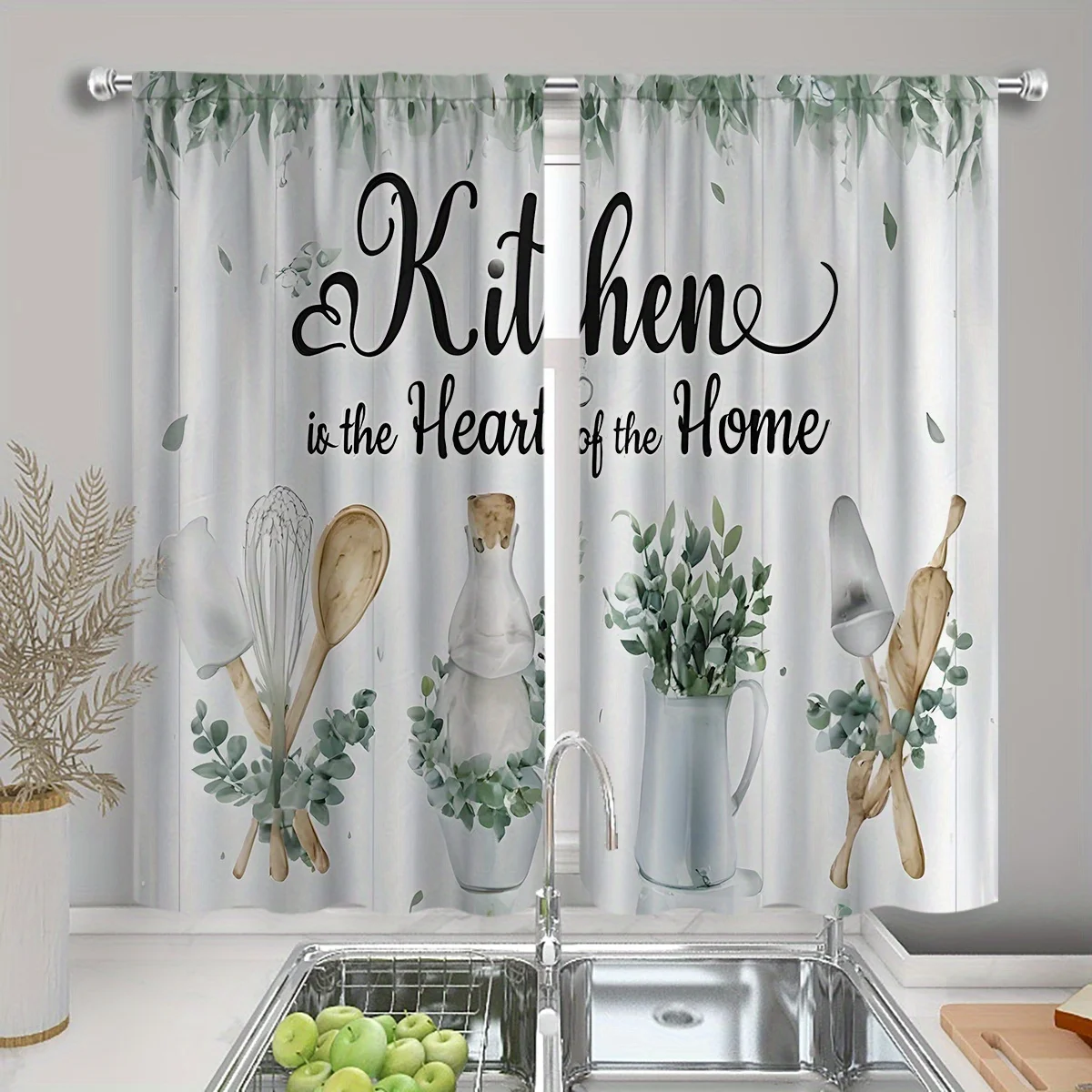 Kitchen is the Heart Curtains Farmhouse Quote Drape with Utensil & Eucalyptus Print for Kitchen Window Treatment Home Decor
