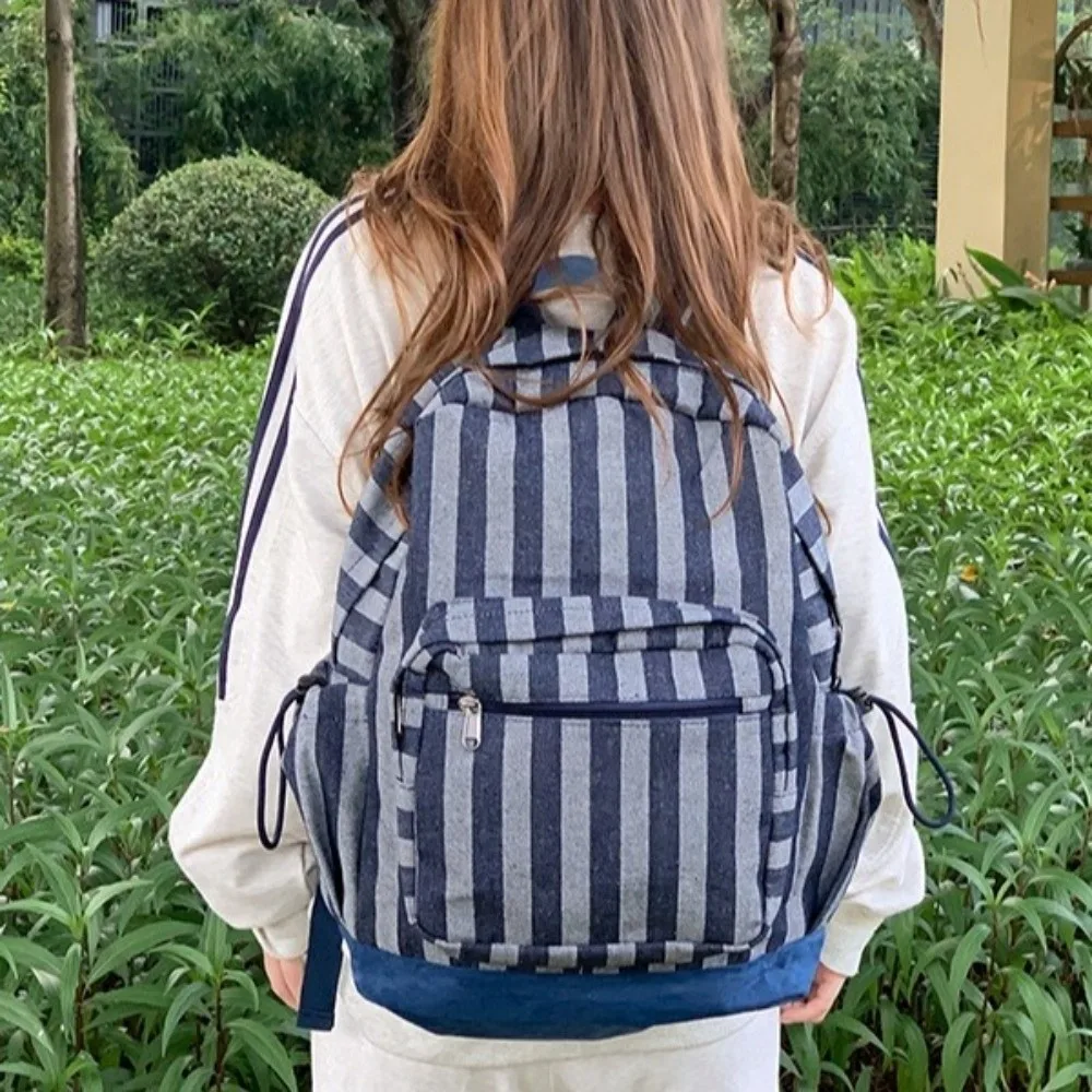 Korean Style Grey Stripes Backpack Multi-pocket Lightweight Star Printing Backpack Commuting Adjustable Straps