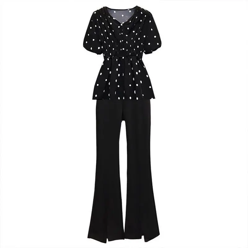 Dot Print V-neck Pleated Shirt Top Wide Leg Pants Two-piece Elegant Women\'s Pants Set Summer Outfits Tracksuit Clothing