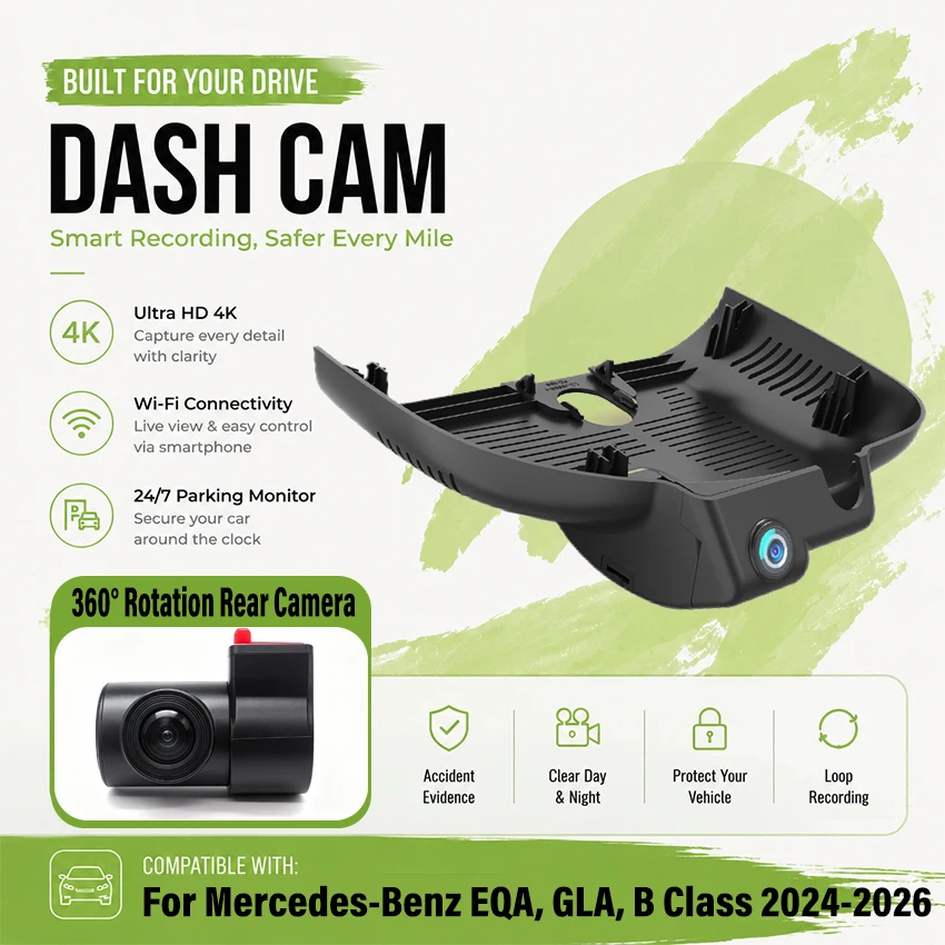 New! UHD 4K Plug and play Car DVR Dash Cam Camera For Mercedes-Benz EQA GLA GLA200 GLA220 B Class B180 2024 2025 2026 Dashcam