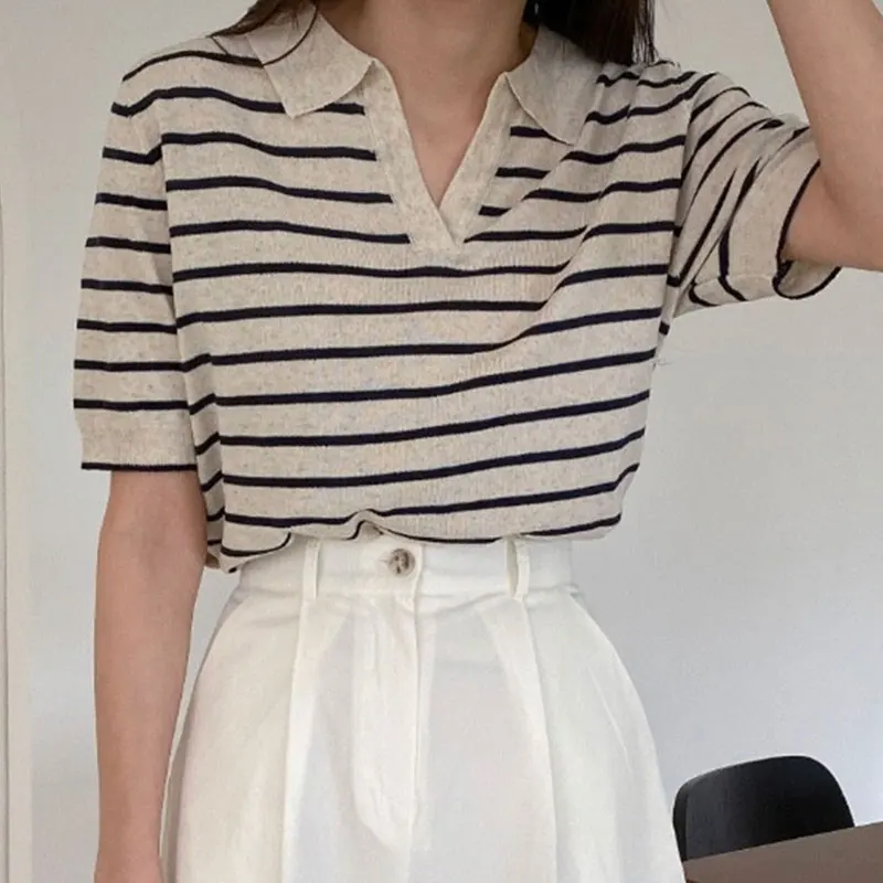 

Summer New Chic Loose Casual ort Sve Ne Striped Knitwear Top for Women Korean Sle Comfortable Breathable