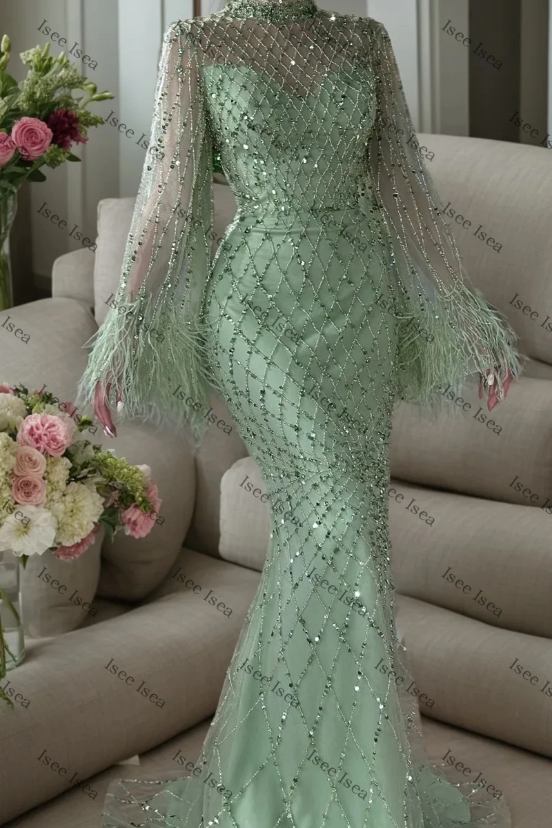 Robe de soirée vert sauge, manches longues, robe de Gala, style sirène, rose, romantique, paillettes, Maxi, col rond, robe de bal personnalisée