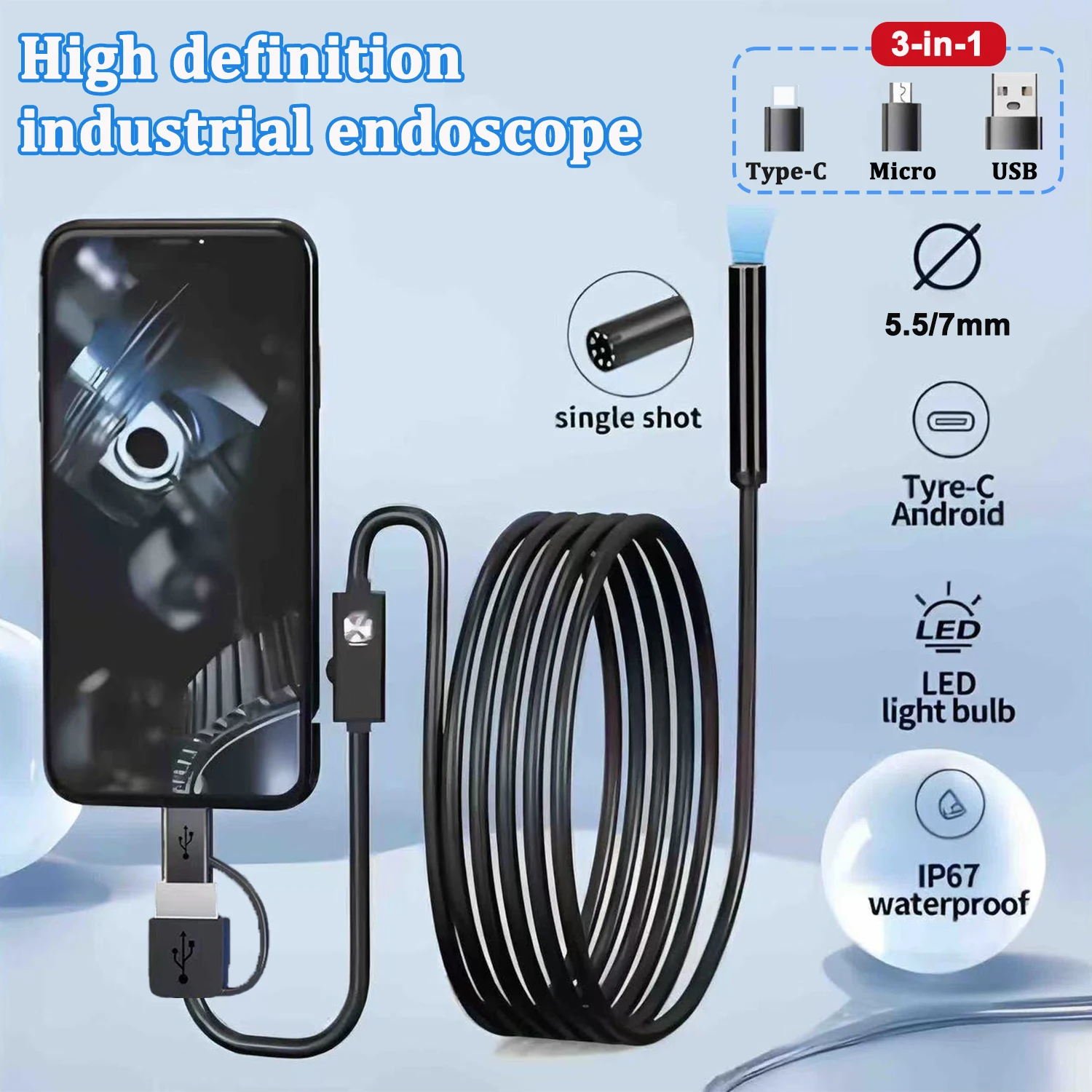 كاميرا المنظار 7 مللي متر HD كاميرا صغيرة المنظار الصلب كابل التفتيش Borescope كاميرا USB نوع C ل أندرويد PC 6 المصابيح قابل للتعديل