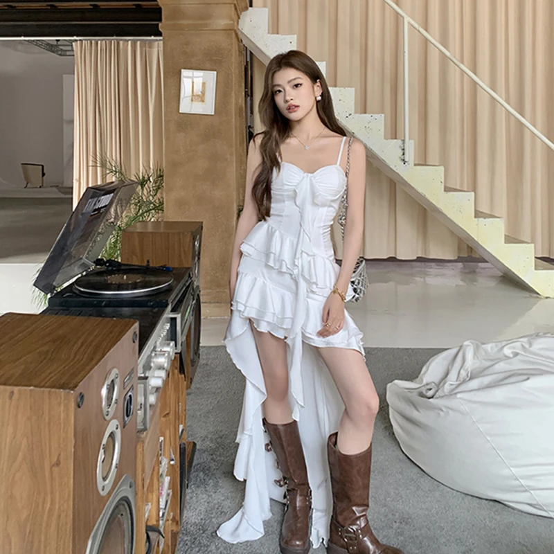 

White Irregular Camis Dress Women Korean Ruffles Chic Spaghetti Strap Dress Summer New Fashion Harajuku Sexy Backless Vestidos