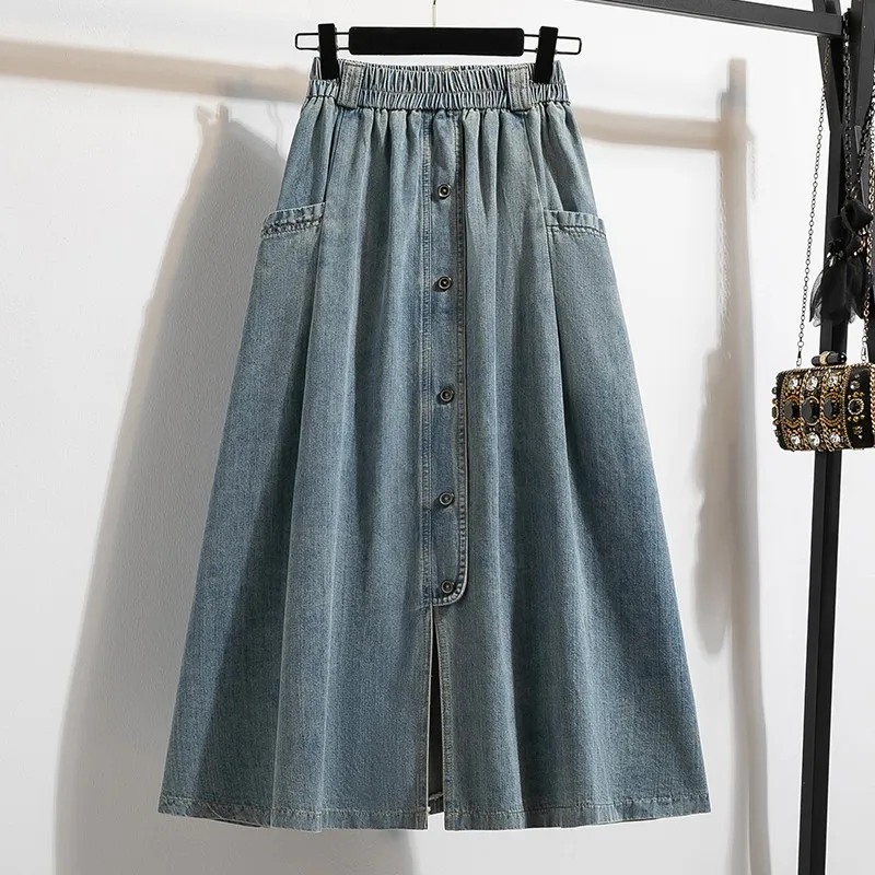 High Waist Casual Denim Skirts Women New Arrival 2024 Vintage Style Single-breasted Basics Female A-line Long Skirts B3848