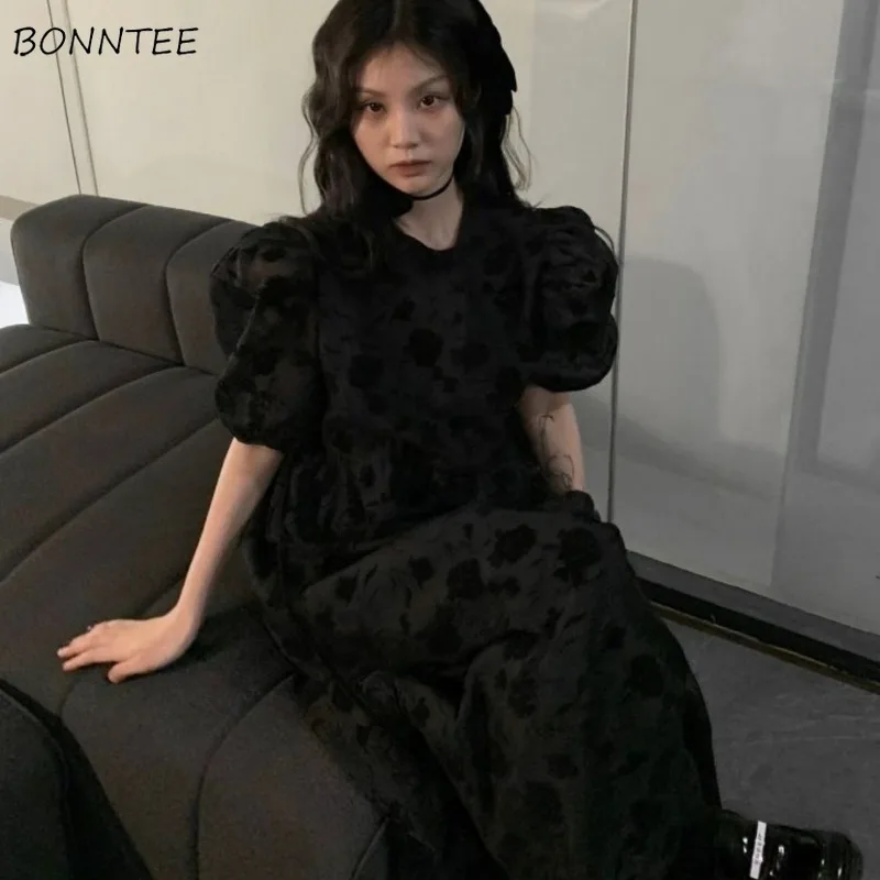 Black Rose Dresses Women Maxi Gothic Vintage Puff Sleeve Lolita Style Streetwear Summer Loose Fashion Chic All-match Temperament