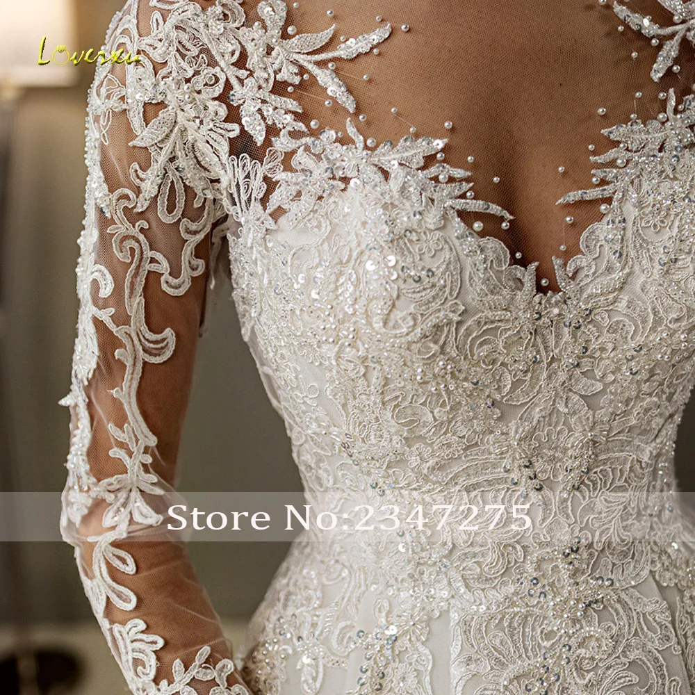 Loverxu A-lijn Elegante Trouwjurken V-hals Lange Mouw Vestido De Novia Kant Lovertjes Prinses Custom Made Robe De Mariee