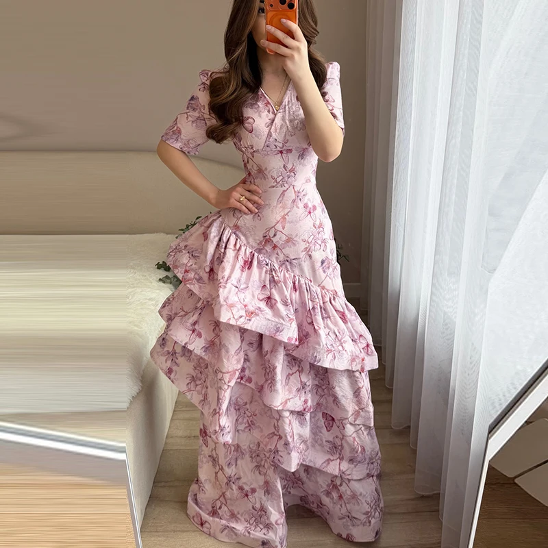

Casual Half Sleeve Ruffle Hem Fishtail Dress Women Fashion Pattern Print Slim Long Dress Elegant V-Neck Asymmetric Evening Dress