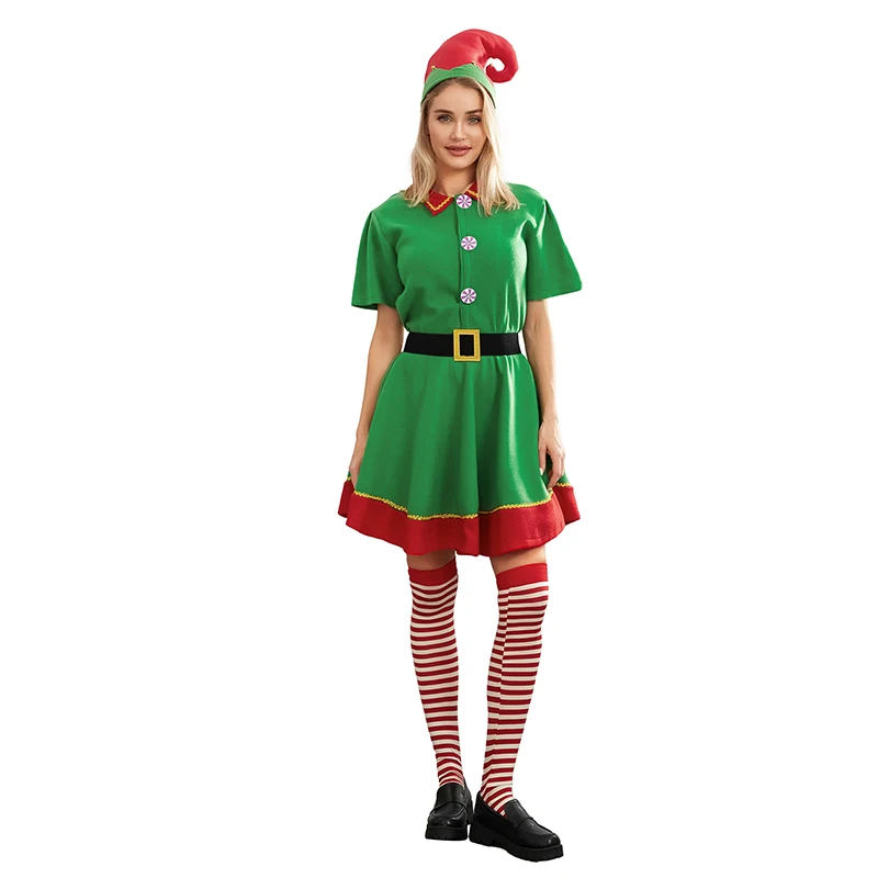 Kostum Elf Natal untuk wanita pria gadis kostum Pembantu Santa Klaus pakaian Elf Natal pakaian Cosplay Elf liburan