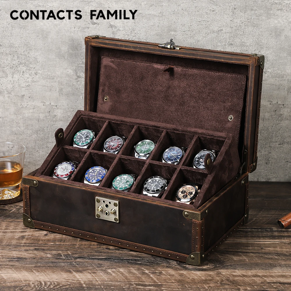 Genuine Leather 6/8/10 Slots Grids Watch Storage Case Portable Vintage Display Watch Organizer Boxes Luxury Men Best Gift Box