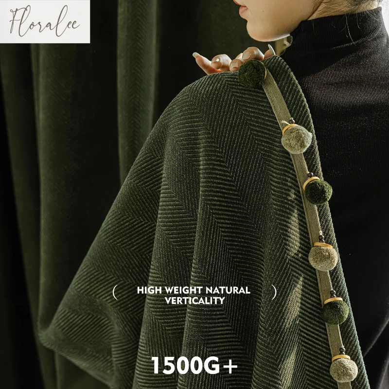 

Floralee Store Retro Green Blackout Curtains for Living Bedroom Room Chenille Light Luxury Curtains High-end Herringbone Pattern