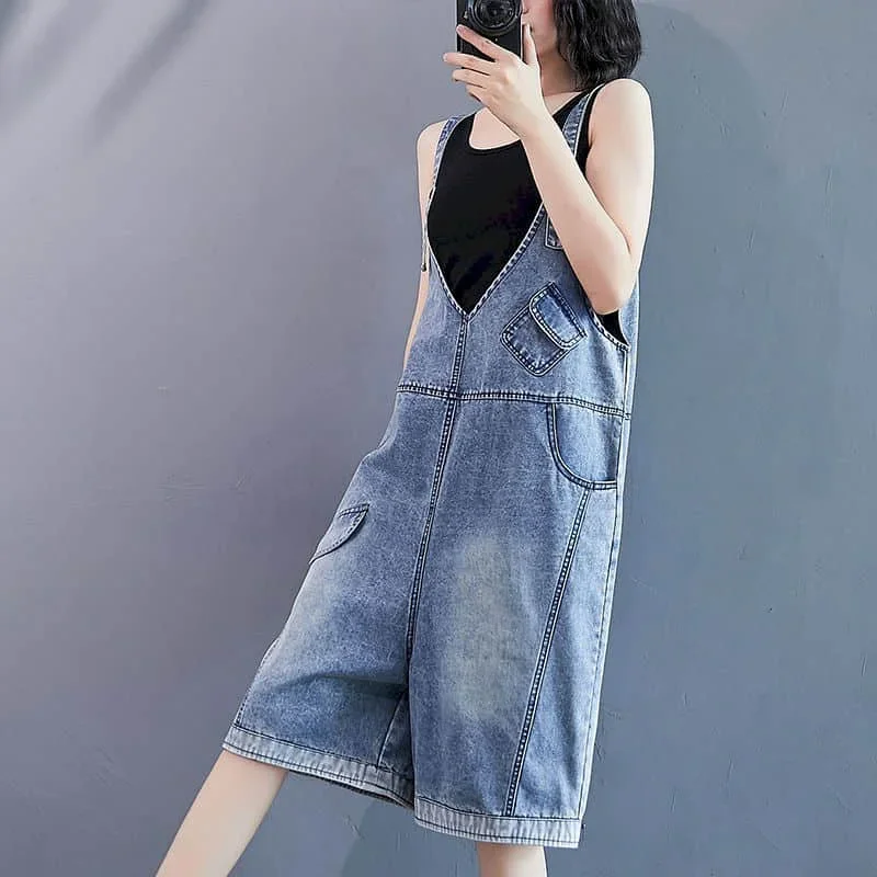 

Jumpsuits for Women Denim Vintage Casual Korean Fashion Solid Playsuits Loose Wide Leg Shorts One Piece Outfit Women Clothing