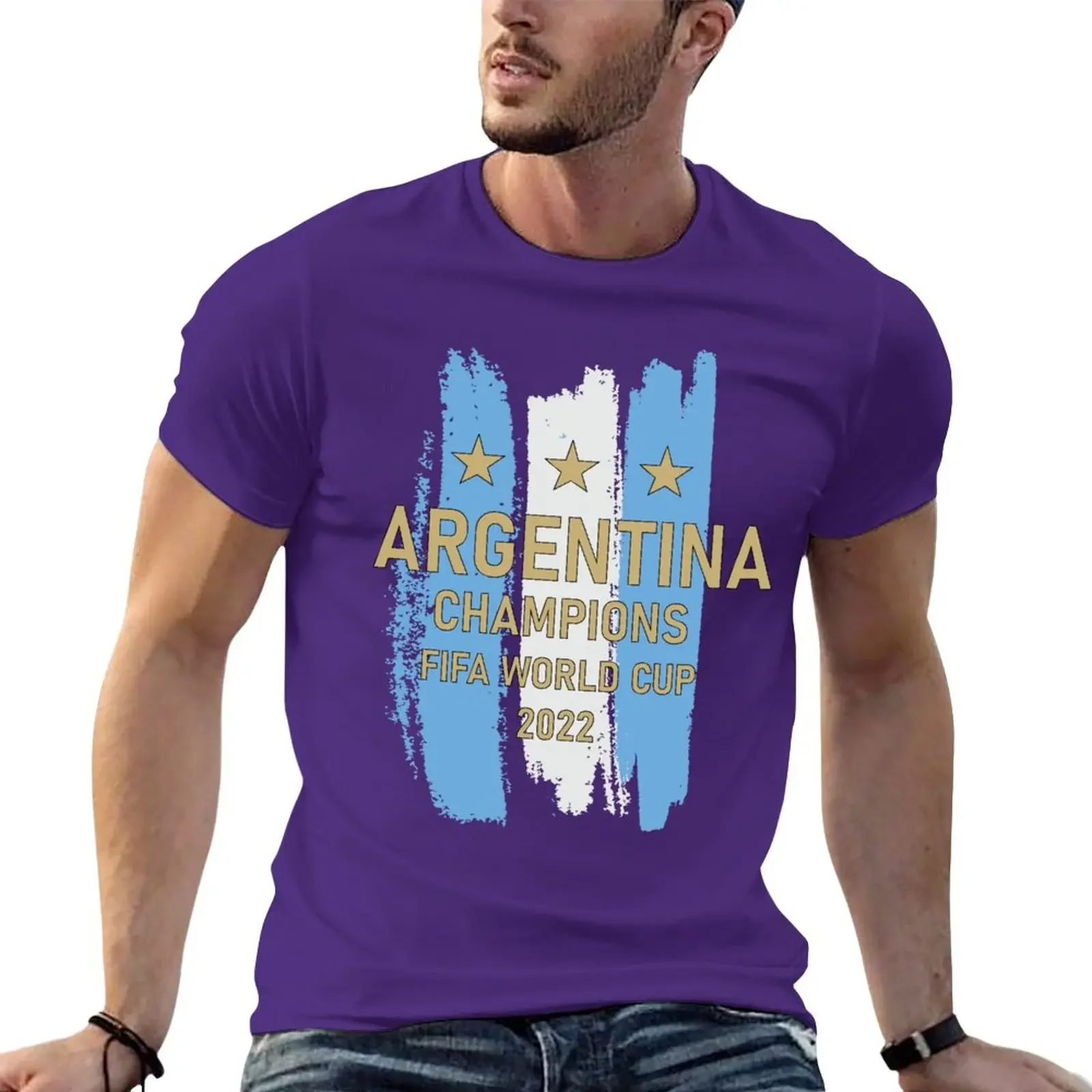 Argentina Champion 3 stars T-Shirt Tee vintage clothes korean fashion for men pack heavyweight Round Neck manga anime Informal