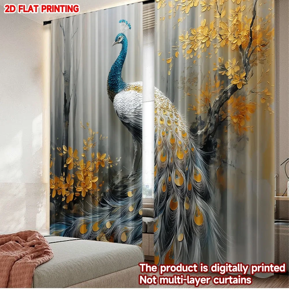 2pcs Peacock Floral Curtains 2D Flat Digital Printing, Blue Gold White Feathers with Blooming Tree for Bedroom Decor