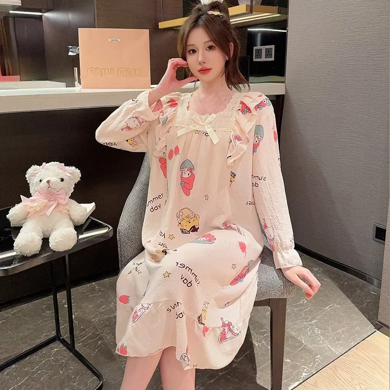 110kg 5XL Plus Size Cartoon Home Dress Korean Students Wrinkled Cloth Pajamas Autumn Long Sleeved Nightgown Princess Loungewear