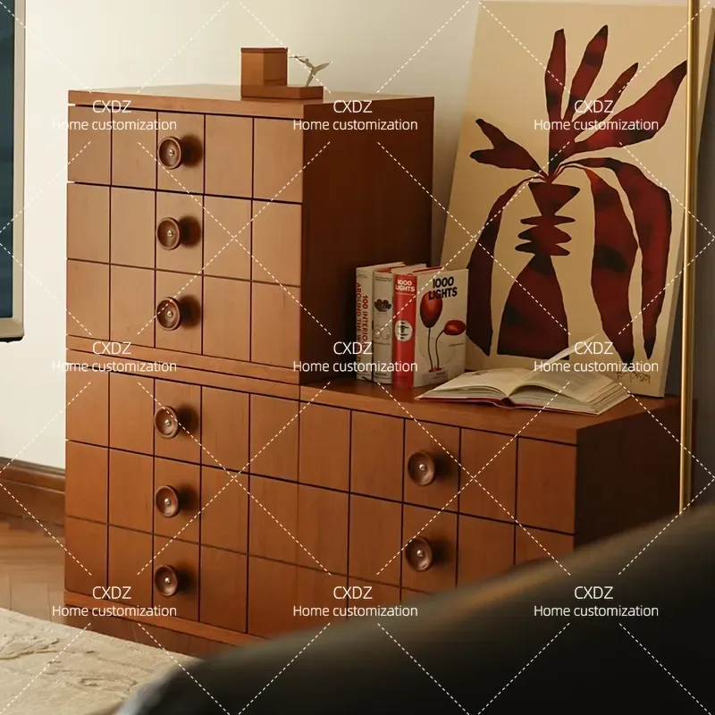 Solid Wood Retro Button Module Cabinet Bedroom Bedside Table Locker Living Room TV Cabinet Multifunctional Storage Cabinet