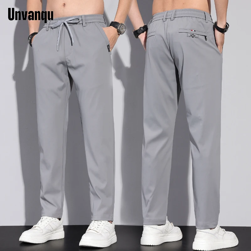 Unvanqu 2024 Summer Thin Ice Silk Pants Men Fashion Casual Soft Breathable Trousers Elastic Waist Small Straight Overalls Male