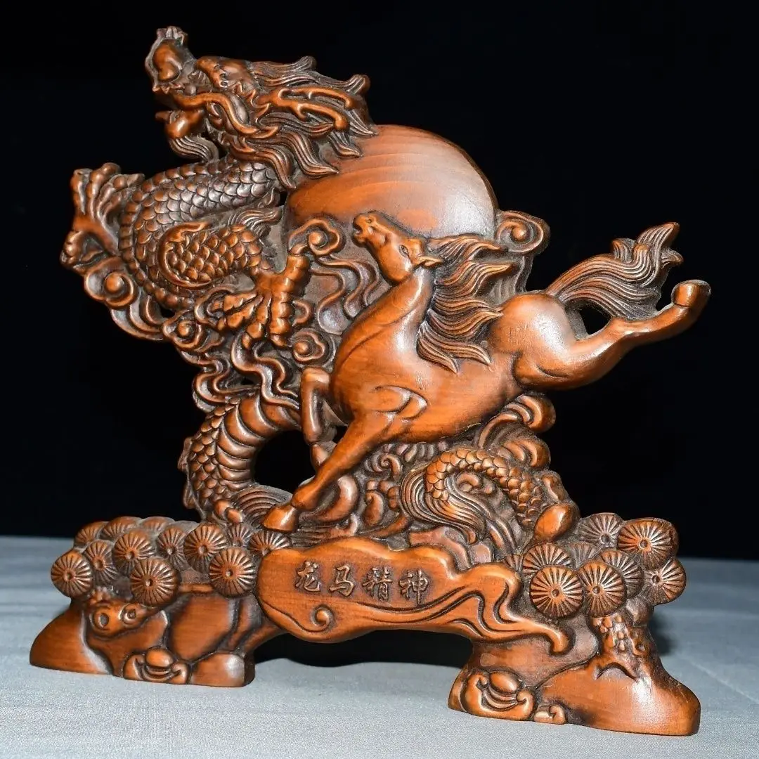 Hand Carved Wood Dragon and horse chasing the sun Statue Figurine Desktop Ornaments Home Decoration