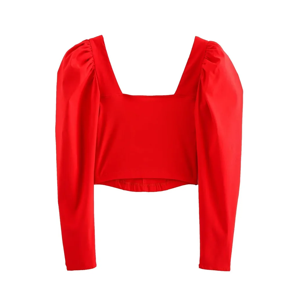 UNIZARA women's temperament slim fit square collar long sleeved backless heart-shaped collar puffy sleeve top