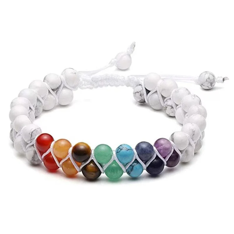 7-Chakra-Perlen-Yoga-Meditationsarmband, Heilendes Doppelschicht-Perlenarmband aus Naturstein, Verstellbares Seilarmband für Damen und Herren, Schmuck – Detail 3
