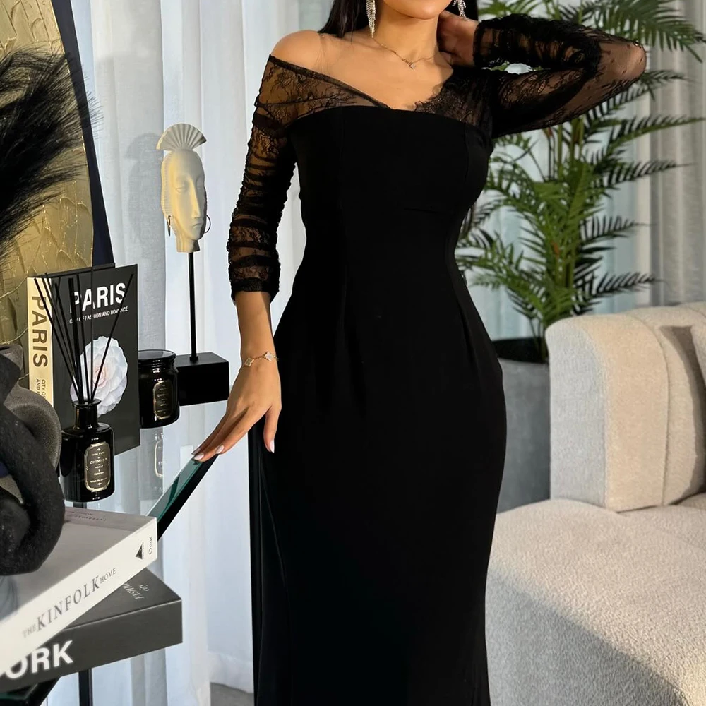 Customized Jersey Straight Off the Shoulder Lace Evening Dress Side Slit Floor Length Long Sleeves Sweep Train Black Delicate