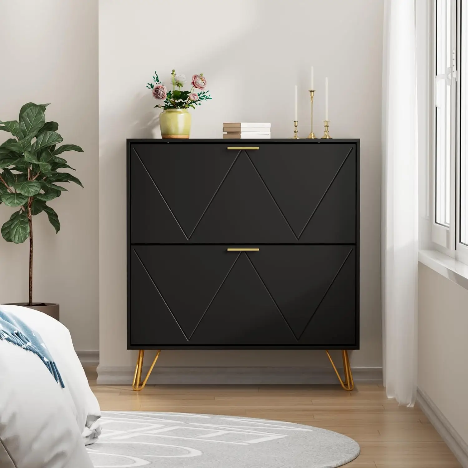 خزانة أحذية سوداء رفيعة مع درجين، منظم مدخل ضيق بمقبض معدني وأرجل #3