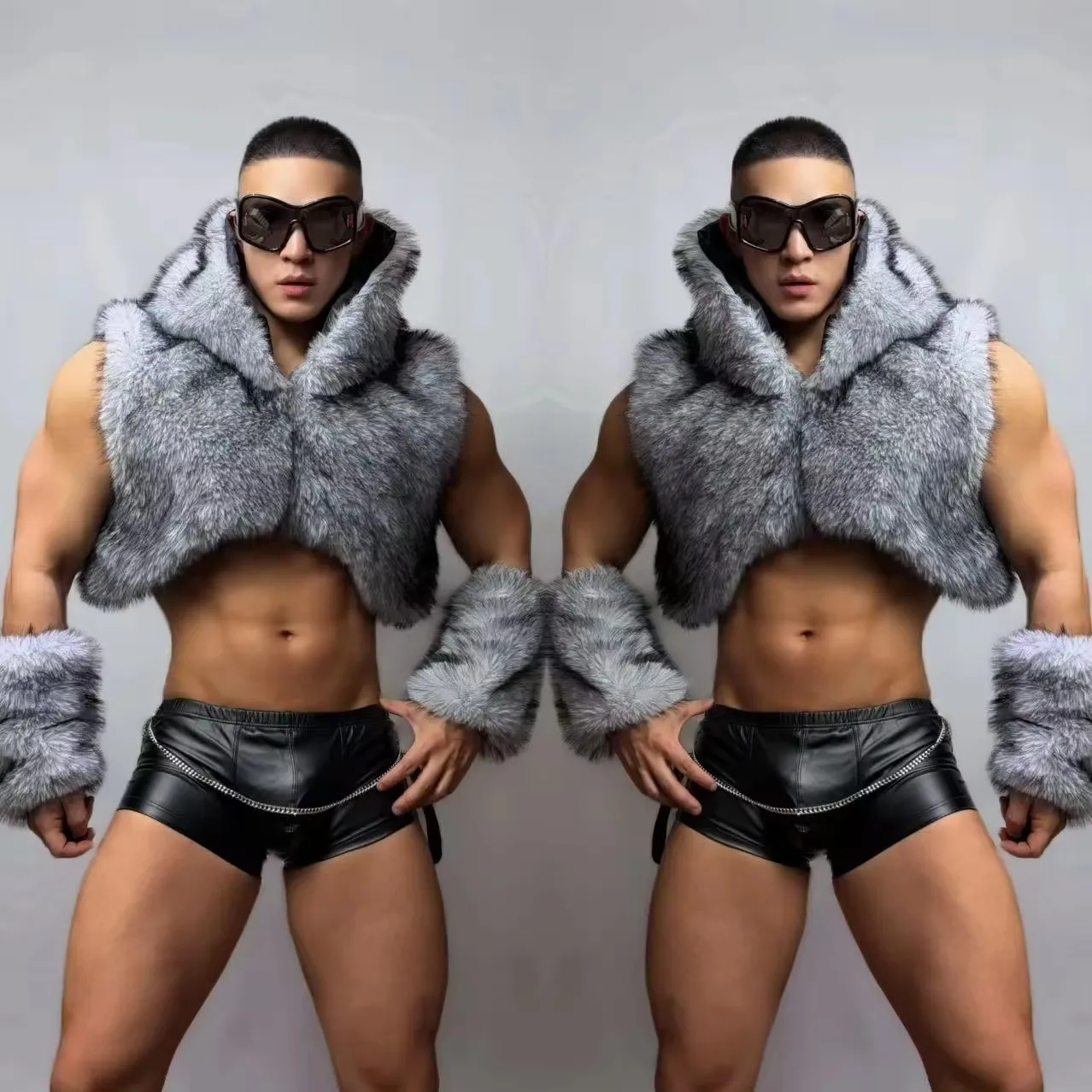 

Men Faux Fur Vest Gray And Leather Shorts Set Sexy Nightclub Carnival Party Performance Dance Costume Stage Wear for Singers