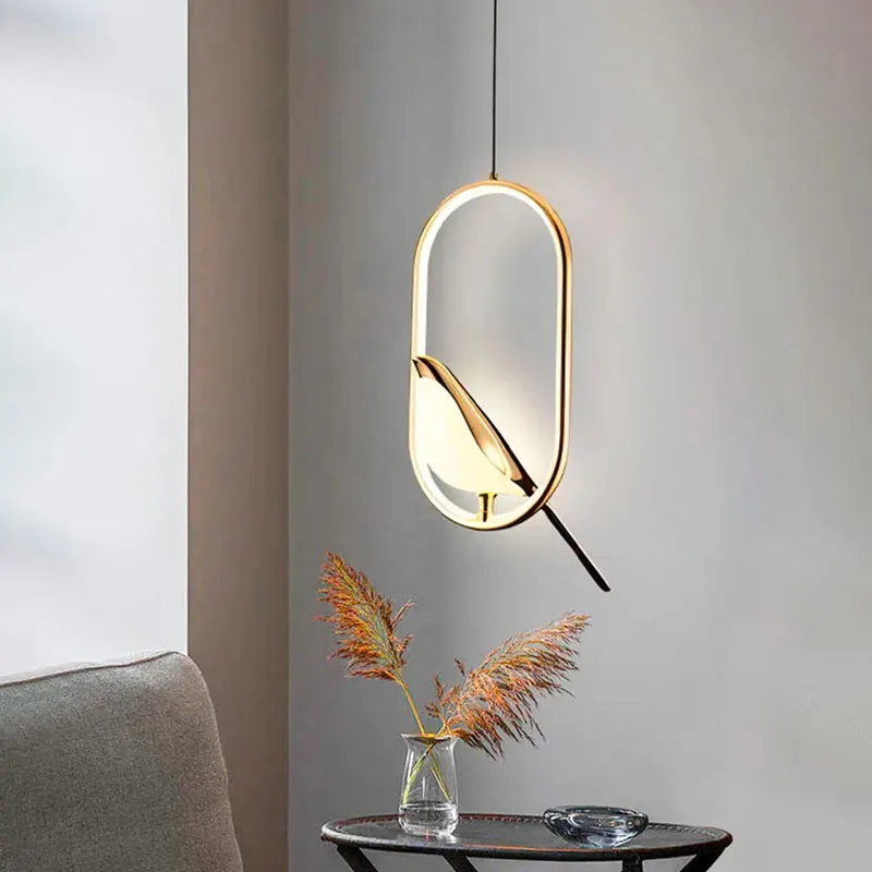 Nice Indoor Magpie Bird LED Cord Pendant Lights Personality Hanging Lamp Study Bedroom Bedside Led Lighting Black Chrome Rose Go