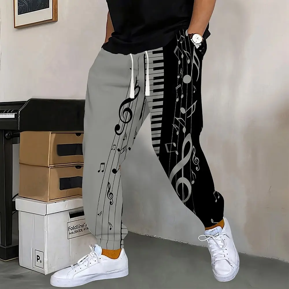 

Piano Musical Notes Graphic Pants Men's Side Pockets Elastic Drawstring Sweatpants Joggers Pants Casual Trousers Fall Winter