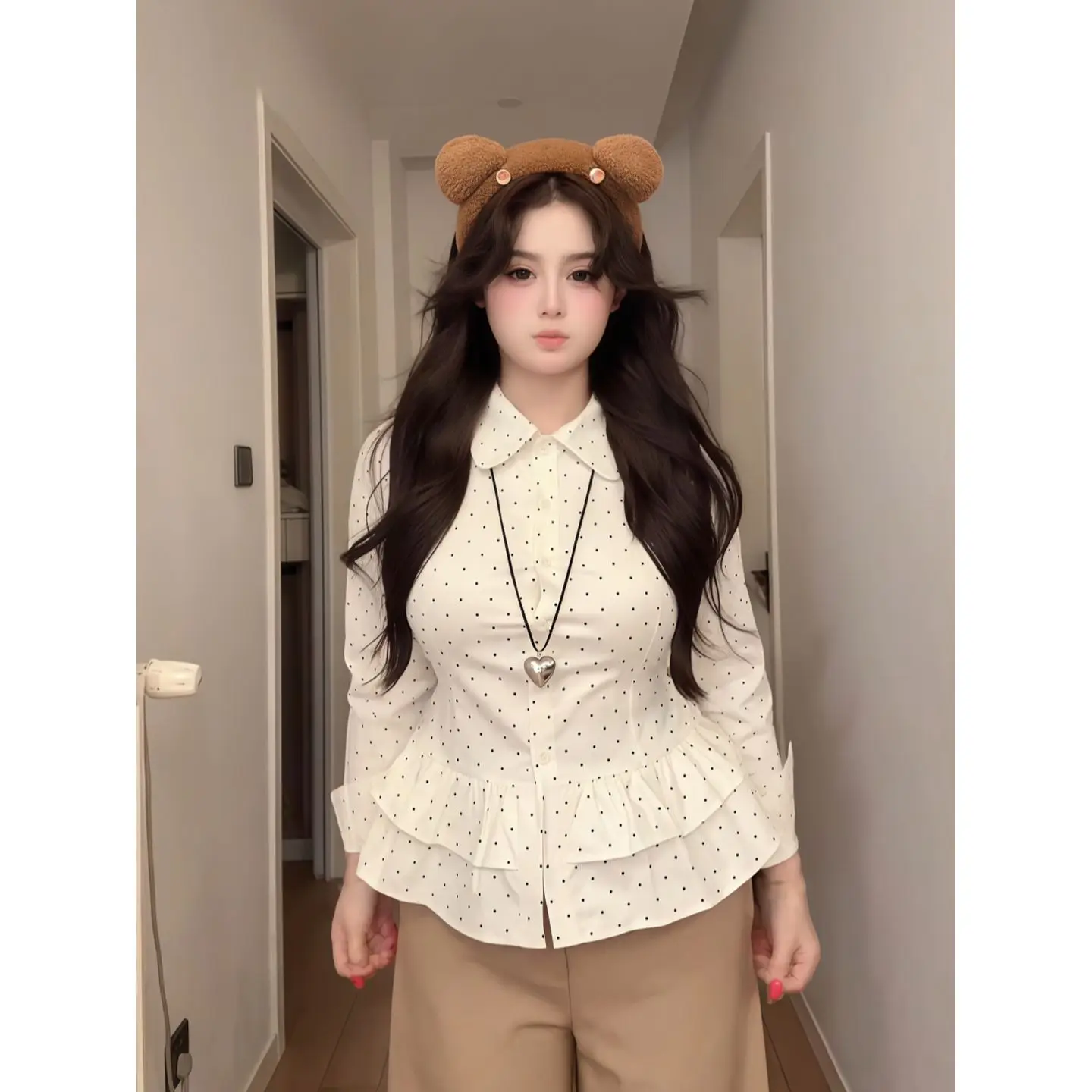 

plus Size Women's Sweet Polka Dot Doll Collar Long Sve irt Waist Cinching Slimming Flounce Top Casual Sle Polyester Fiber