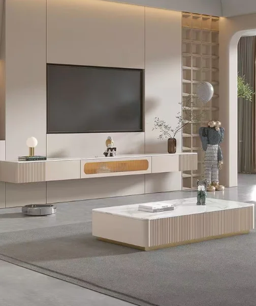 #￥Italian New Design Suspended Light Luxury Modern Tv Stand with Storage for Hotel Floating Tv Table Set With Center Table