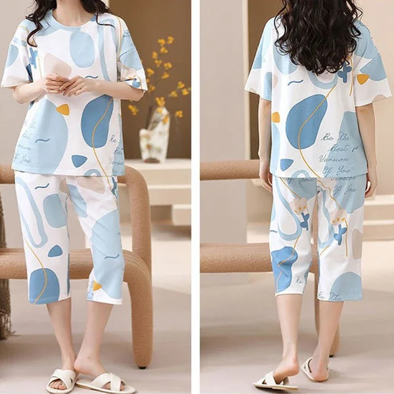 Pajamas Female Summer Thin Short Sleeves Shorts Loose Sweet Cute Cartoon Print Student Loungewear Two Piece Set Ladies Nightwear