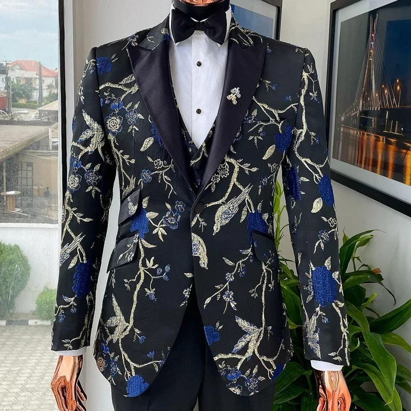 Jacquard Formal Suits For Men Wedding Raven And Forest Floral Pattern 3 Piece Custom Groom Tuxedo Male Fashion Costumes