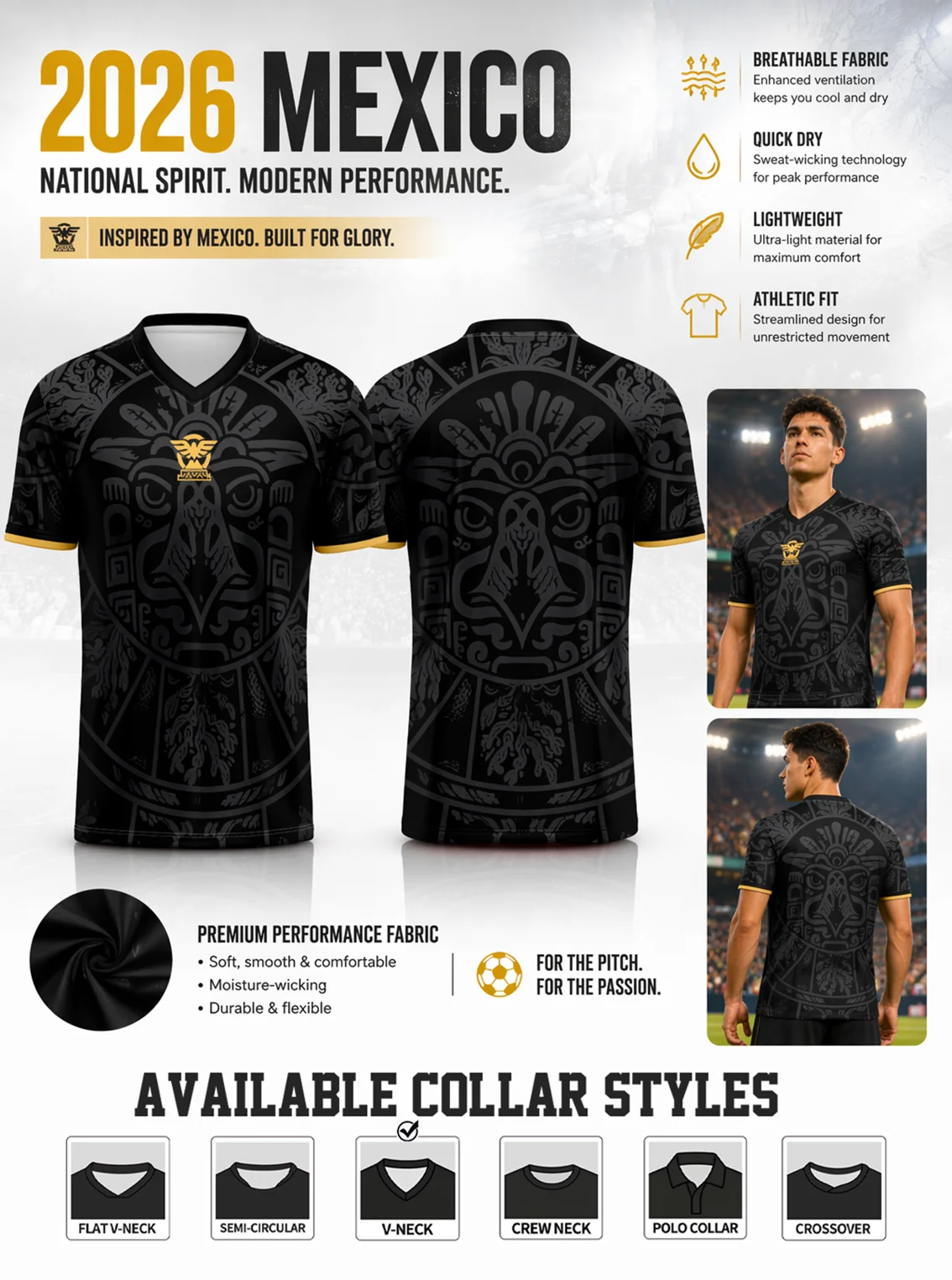 Men's black Mexico national‑team shirt, golden cuff trim, breathable sweat‑wicking material