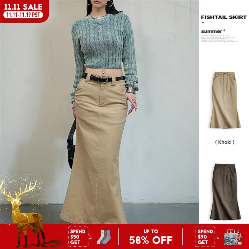 

Тонкая юбка Maden с высокой талией «рыбий хвост» для женщин, универсальная однотонная элегантная длинная юбка до половины тела, платье трапециевидной формы, легкая стрейч