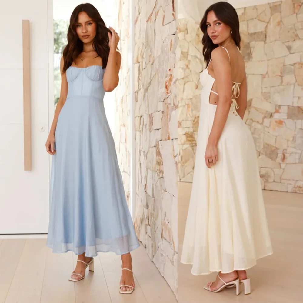 Boho Beach New Printed Slit Hem Backless Maxi Dress with Thin Spaghetti Straps Vacation Long Dress for Women