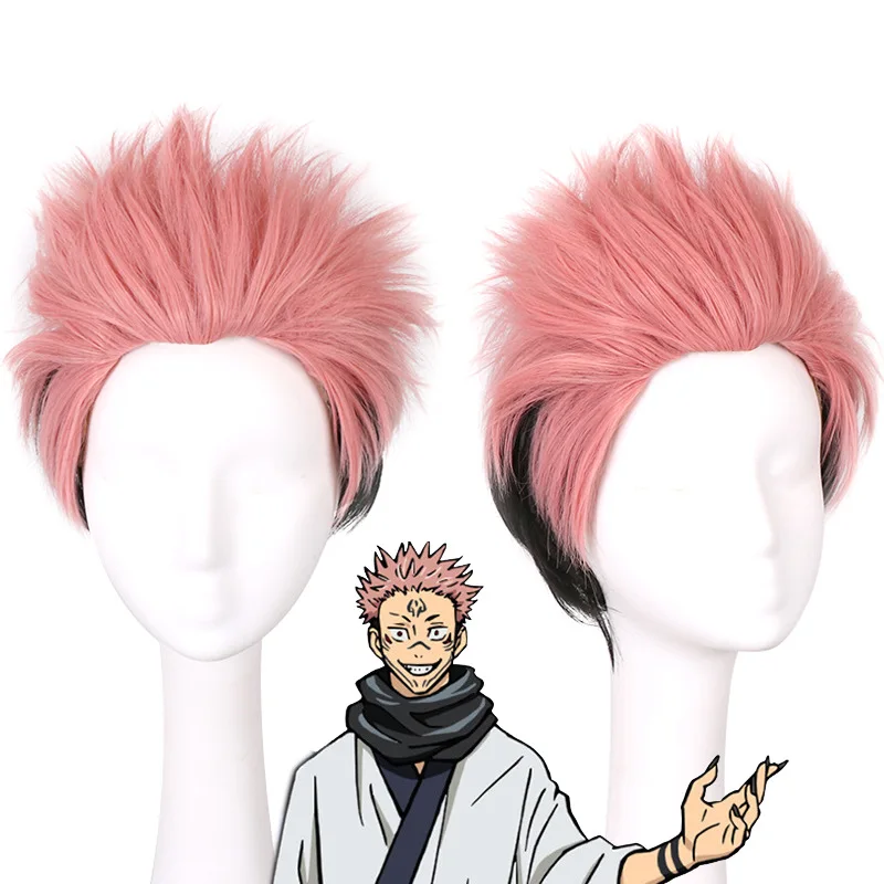 Peruca cosplay de Sukuna de dois faces Jujutsu Kaisen, multicolorida, com uma franja afiada que cachece para cima, fácil de estilizar