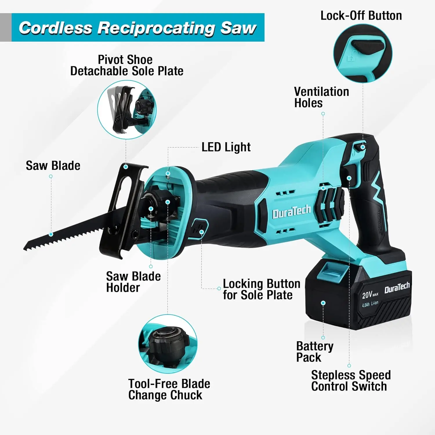 Duratech Cordless Reciprocating Saw With 20V 4.0Ah Li-Ion Battery, 3000Spm, 7/8