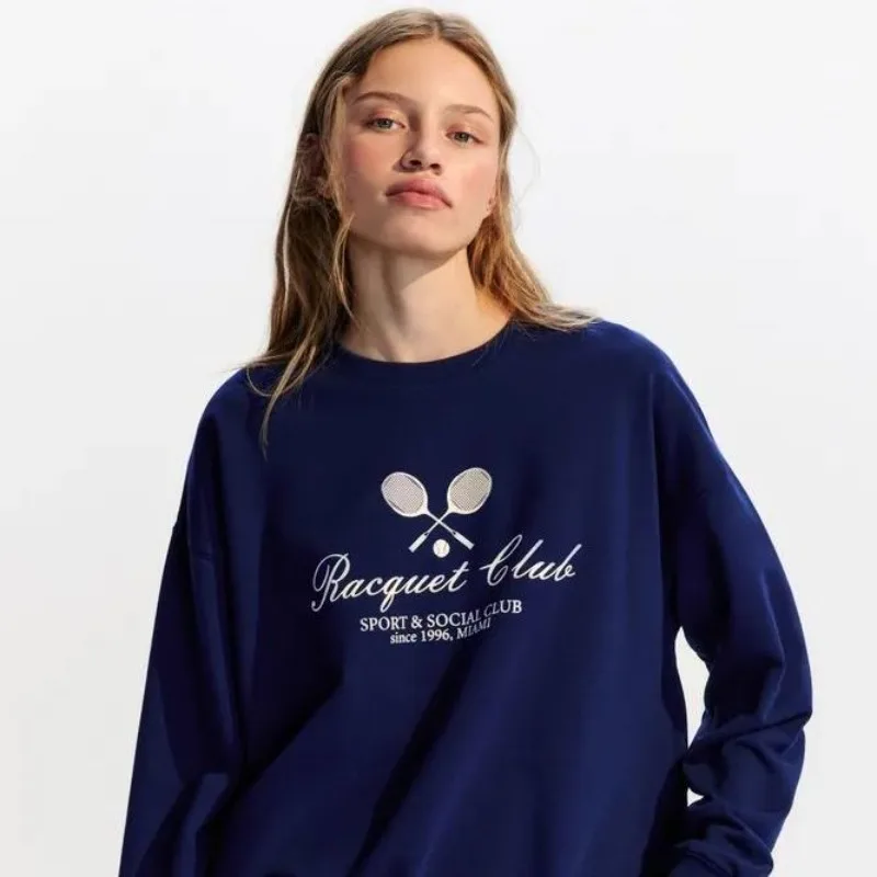 Sudaderas con estampado de insignia para mujer, Jersey holgado de gran tamaño a la moda francesa, camisas grises de manga larga para otoño, ropa de calle Y2K