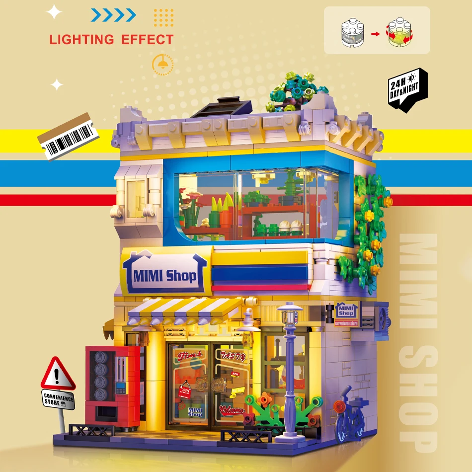 MOC Creative City Street View Convenience Store Building Blocks Set with LED Architecture Modular Assembly Bricks Toys Kids Gift