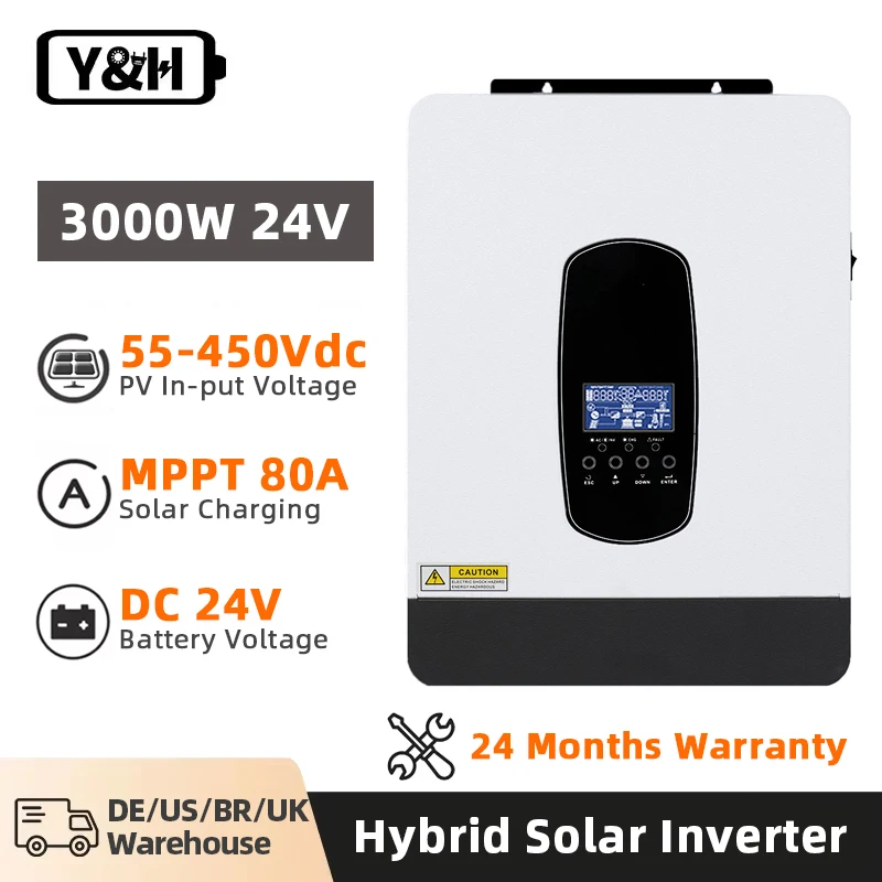 Y&H 1.8KW 3KW Hybrid Solar Inverter 12V 24V 220V Off-grid Inverter Pure Sine Wave Built in MPPT 80A Solar Charger Controlle