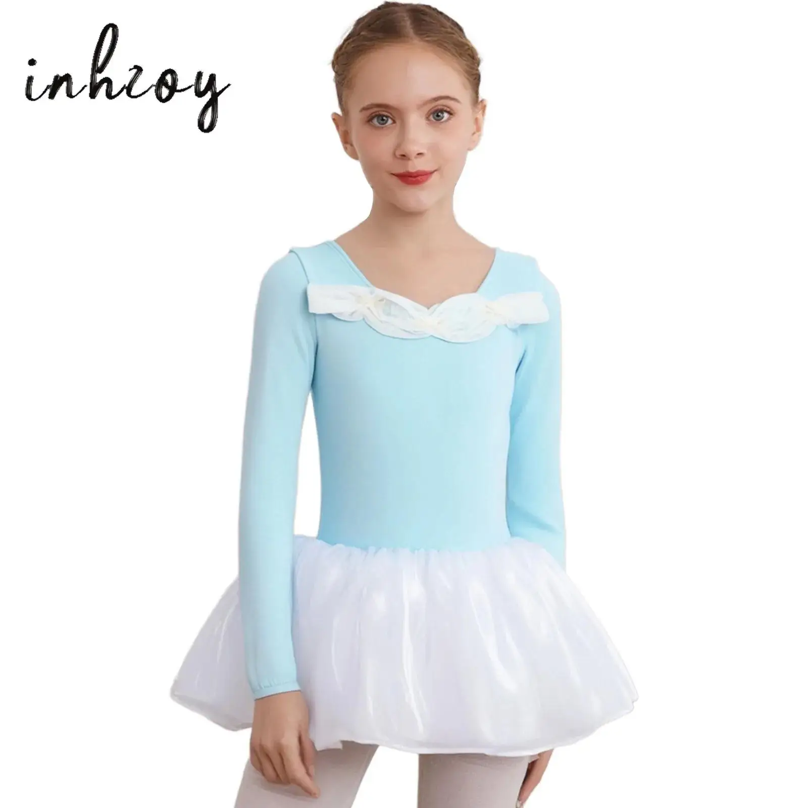 

Kids Girls Ballet Dress Cute Bowknots Ruched Long Sleeve Splice Tulle Tutu Dance Dress for Ballerina Performance Competition