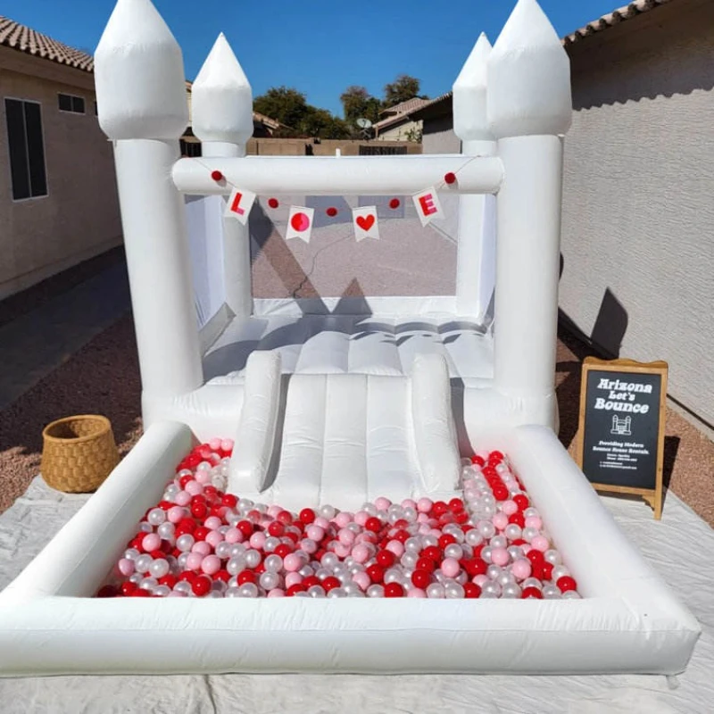 Maison gonflable blanche de rebond 4x2x2.5m, avec fosse à balles, château gonflable avec pompe à air souffleur, jouets de fête d'anniversaire pour enfants, jouets de mariage