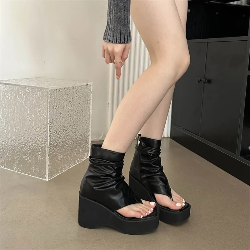 Retro Gladiator Rome Sandals Women Thong Clip Toe Summer Cool Boots High-Top Platform Side Zipper Wedge Light Sole Shoes Black